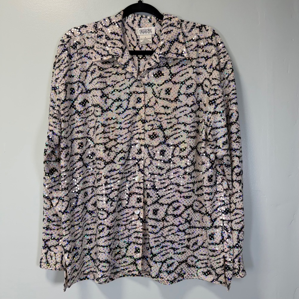 Vintage Selene Sport Womens Large Sequin Button Down Shirt‎ Holographic Abstract